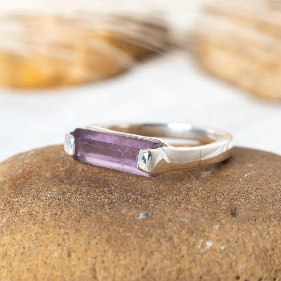 Amethyst Bar Ring, Handmade Silver Jewelry, 925 Sterling Silver Ring, Purple Gemstone Ring, Women Promise Ring, Wedding Ring, Gift For Her