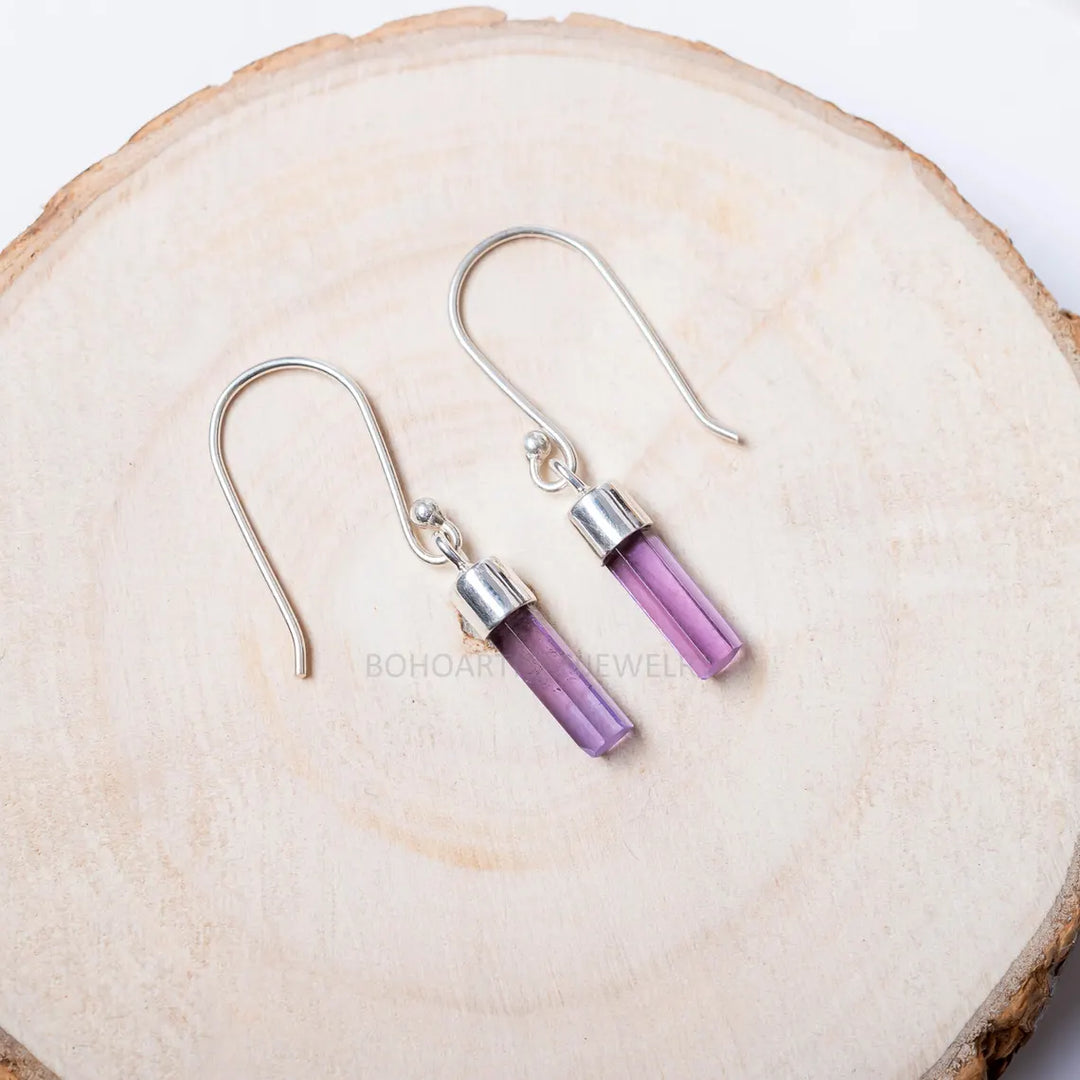 Raw Amethyst Stick Earrings: Sterling Silver Dangle Gemstone Jewelry