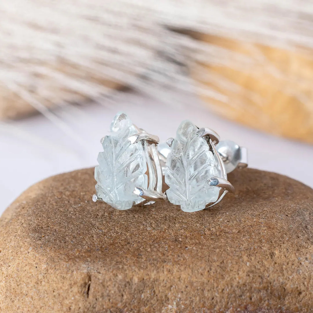 Aquamarine Leaf Earrings: Sterling Silver Studs, Handmade Gemstone Jewelry