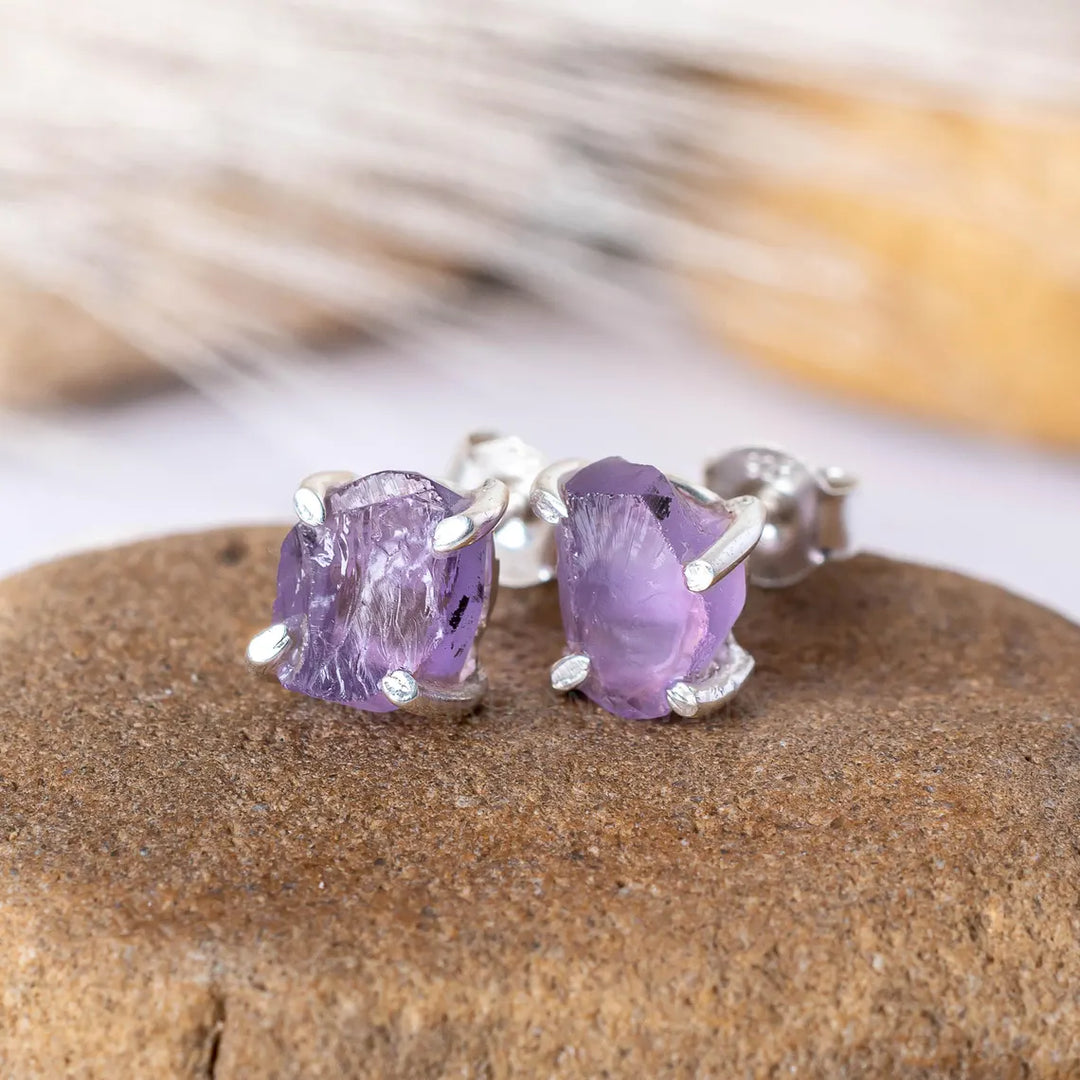 Raw Amethyst Earring, Silver Handmade Earring, Stud Earring, Raw Stone Jewelry, Gemstone Crystal Earrings, February Birthstone, Gift For Her