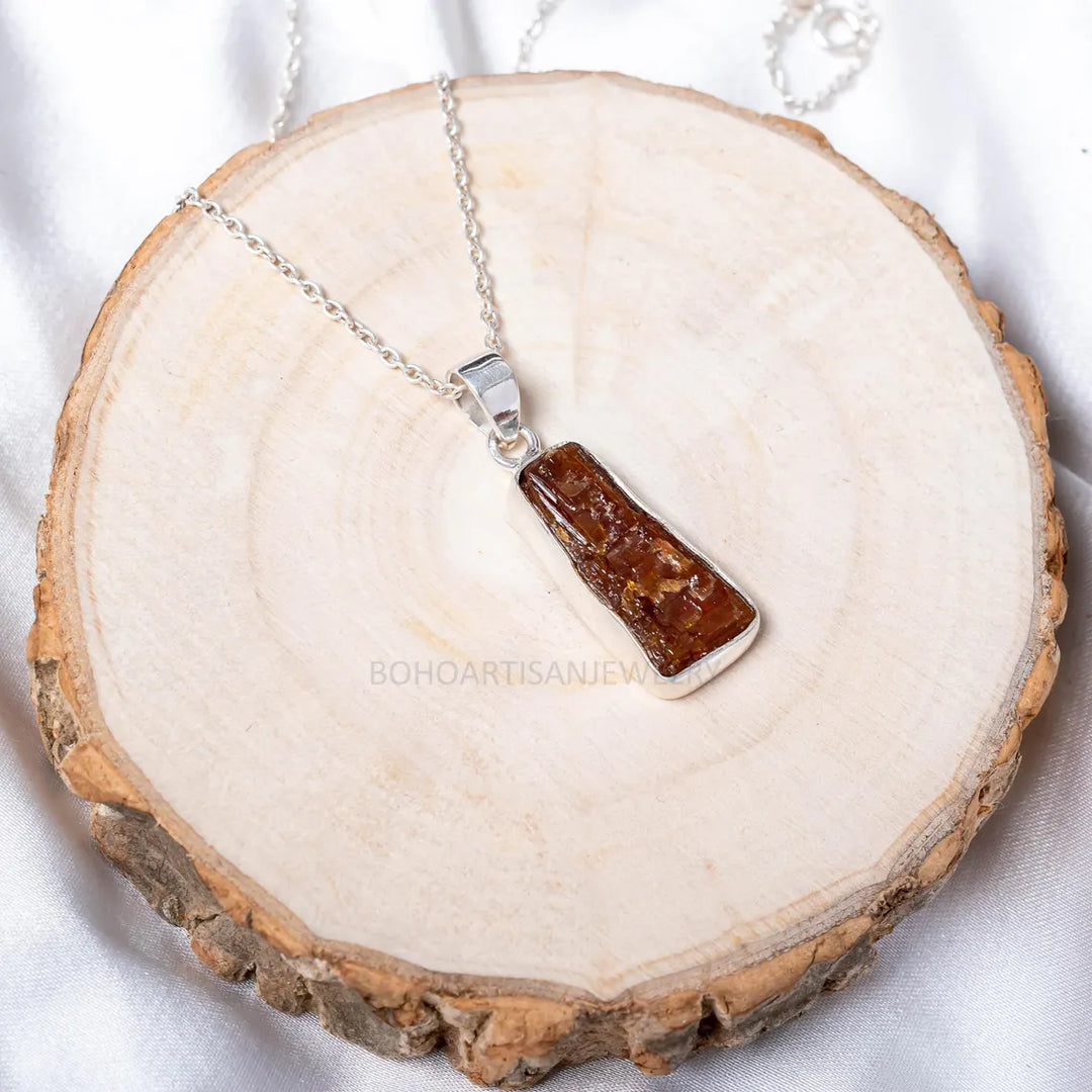 Raw Orange Kyanite Pendant Necklace: Handmade Sterling Silver Boho Jewelry