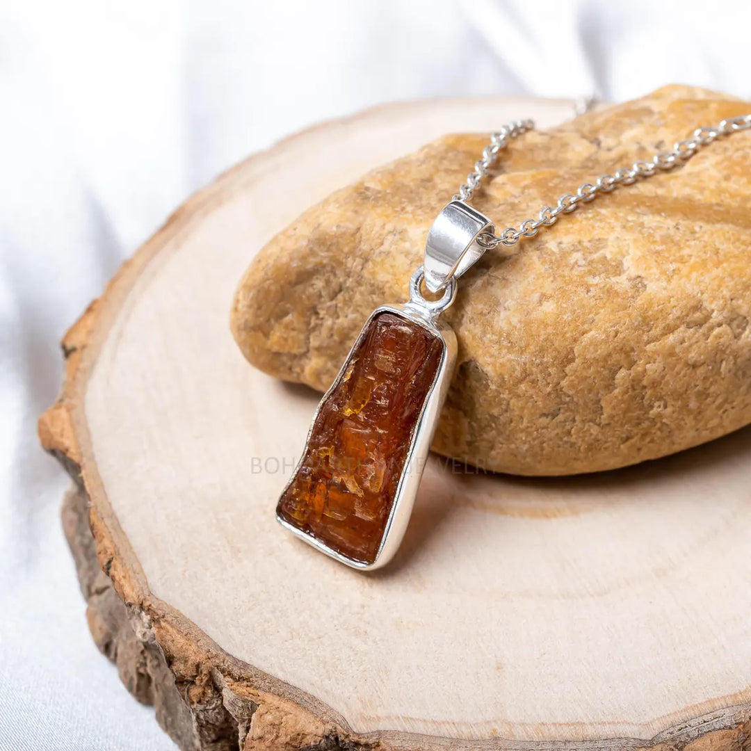 Raw Orange Kyanite Pendant Necklace: Handmade Sterling Silver Boho Jewelry