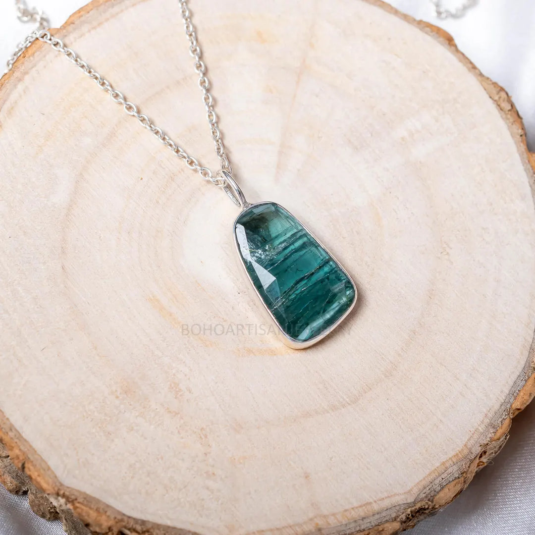 Indicolite Tourmaline Pendant, Sterling Silver Necklace Pendant, Handmade Gemstone Jewelry, Raw Teal Crystal Necklace, Gift For Her