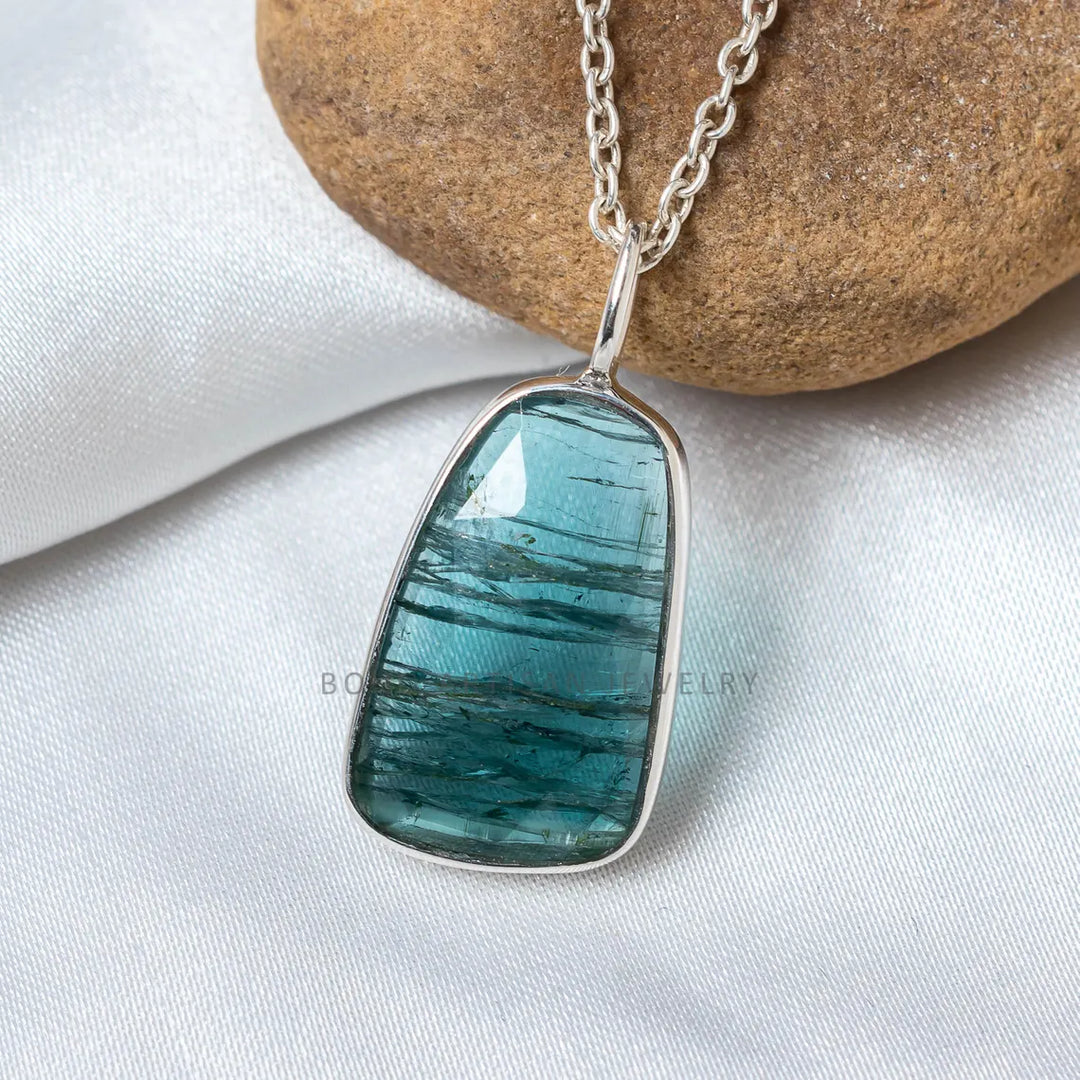 Indicolite Tourmaline Pendant, Sterling Silver Necklace Pendant, Handmade Gemstone Jewelry, Raw Teal Crystal Necklace, Gift For Her