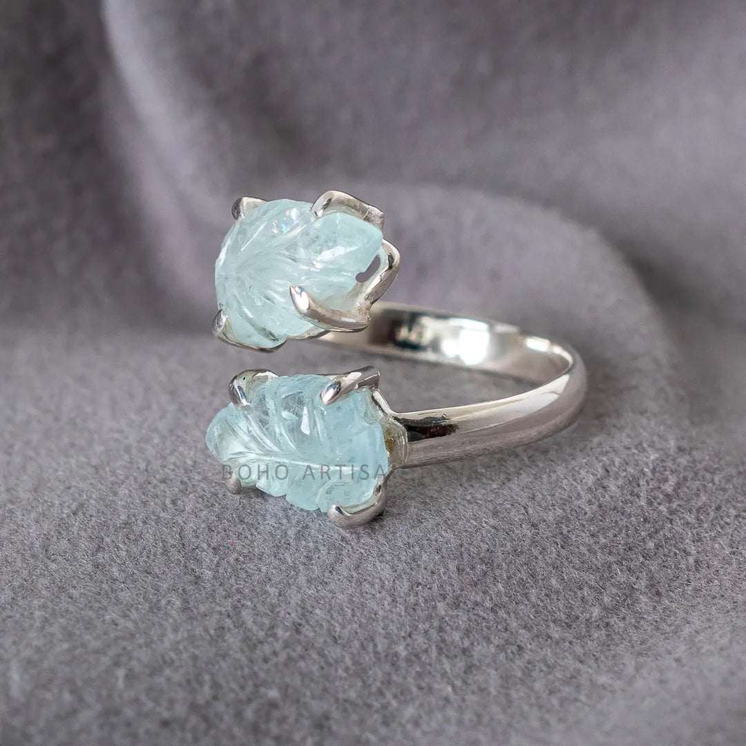 Handmade Aquamarine Toi Et Moi Ring: Floral Carved Sterling Silver