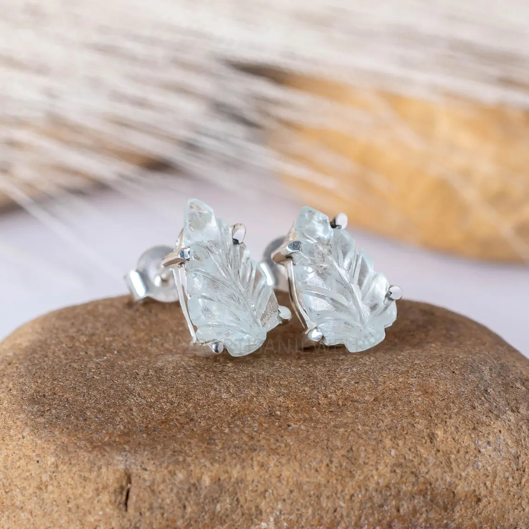 Aquamarine Leaf Earrings: Sterling Silver Studs, Handmade Gemstone Jewelry