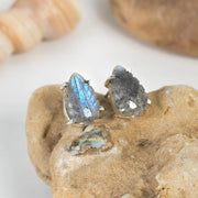 Pair of silver earrings with gemstones on a rock
