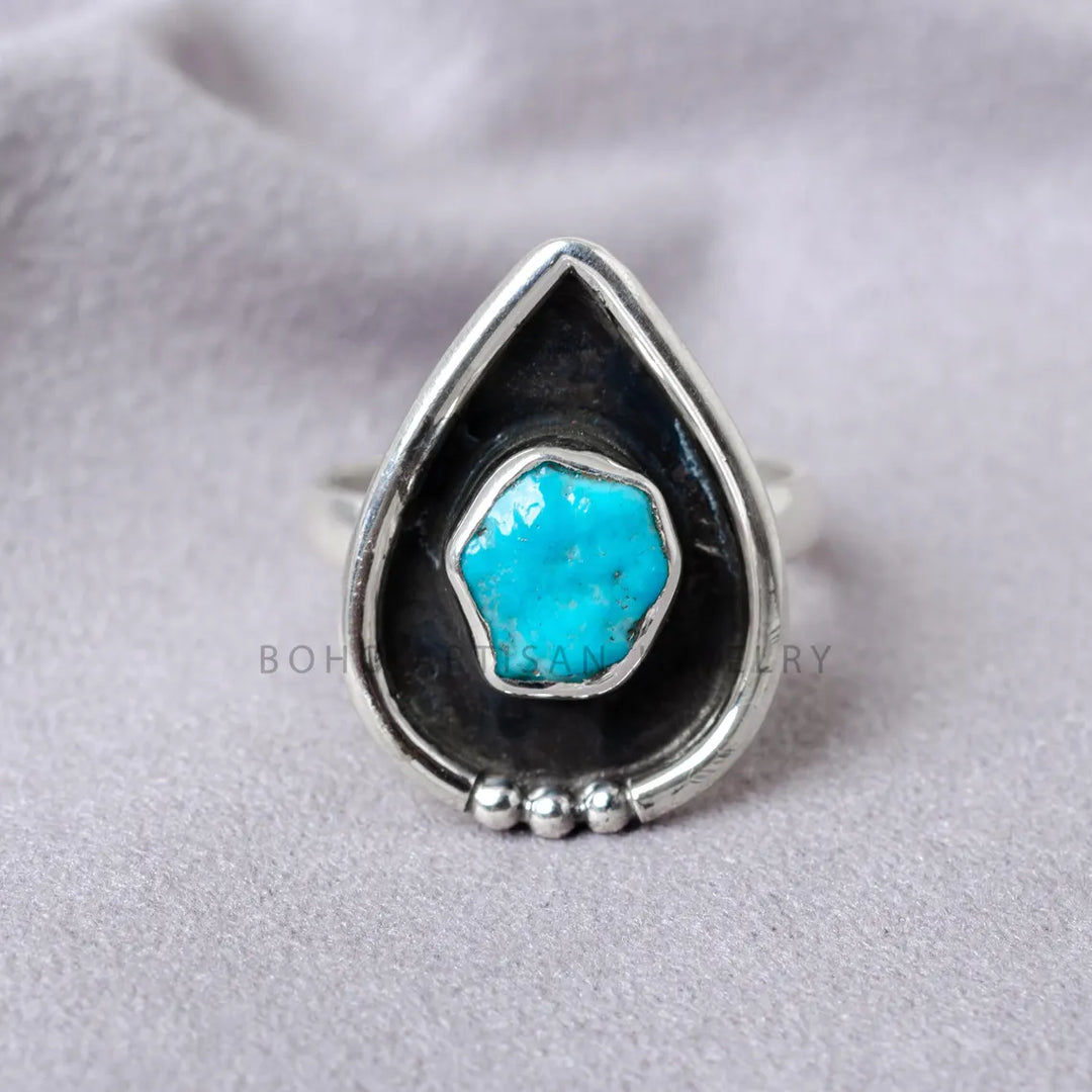 Oxidized Sterling Silver Turquoise Ring: Raw Stone Boho Jewelry