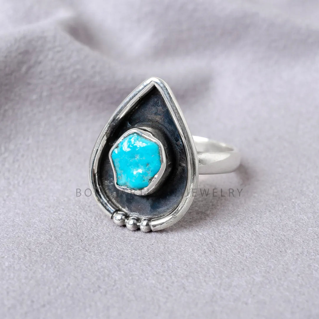 Oxidized Sterling Silver Turquoise Ring: Raw Stone Boho Jewelry