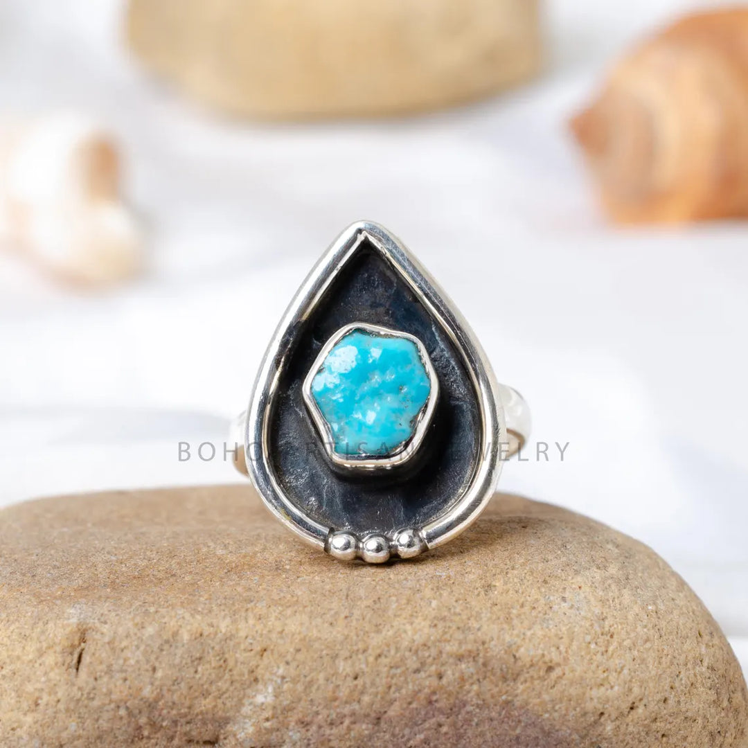 Oxidized Sterling Silver Turquoise Ring: Raw Stone Boho Jewelry