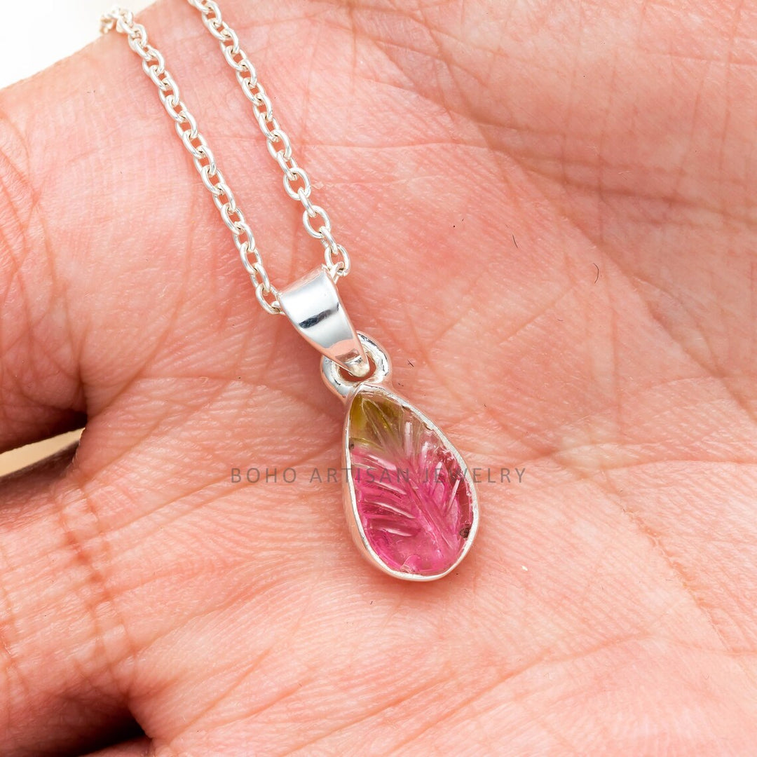 Watermelon Tourmaline Leaf Pendant: Sterling Silver Boho Necklace