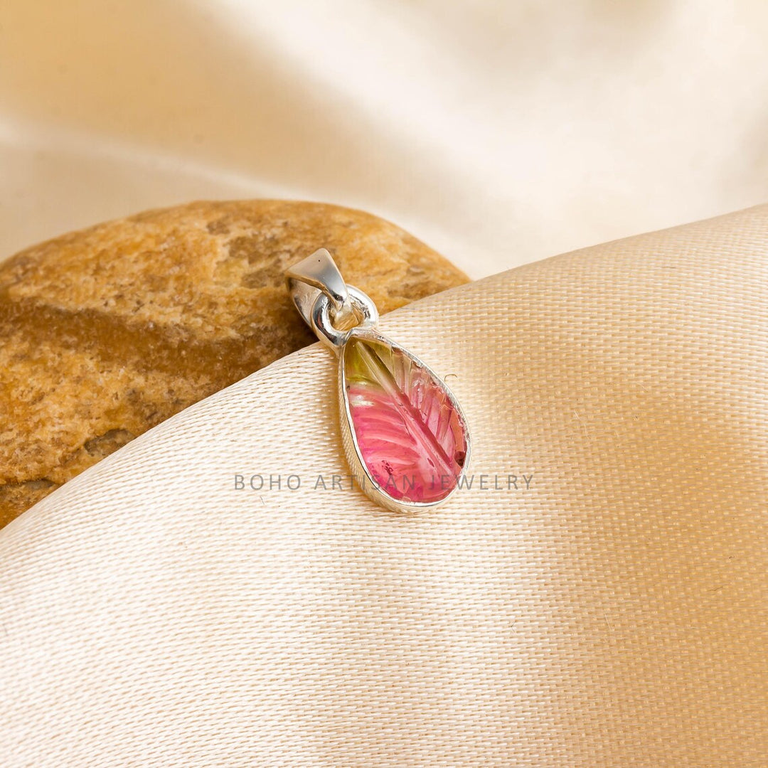 Watermelon Tourmaline Leaf Pendant: Sterling Silver Boho Necklace
