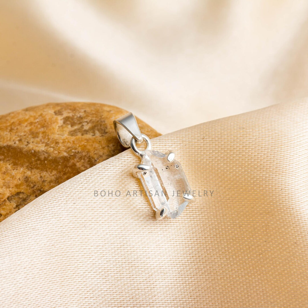 Herkimer Diamond Pendant, 925 Sterling Silver, Raw Herkimer Uncut Diamond Necklace, Handmade Jewelry, April Birthstone, Gift for Her