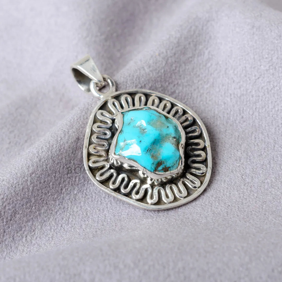 Oxidized Sterling Silver Turquoise Pendant: Raw Gemstone Boho Necklace