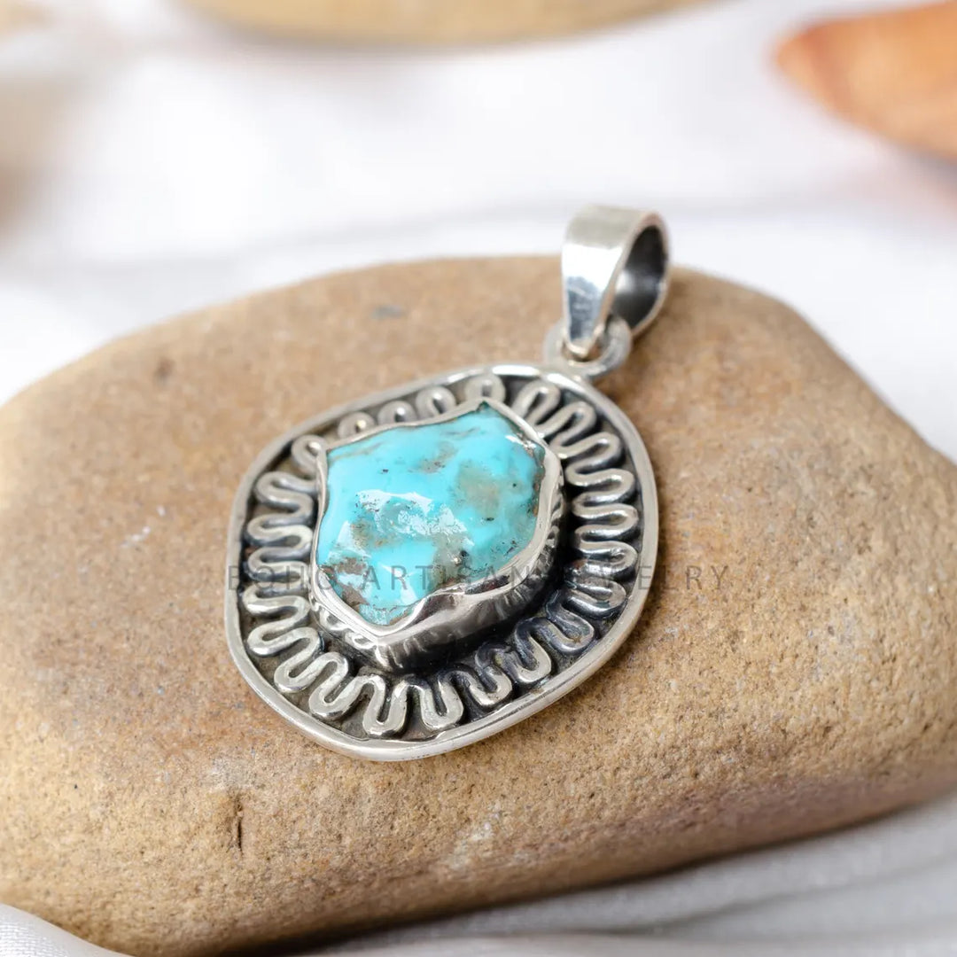 Oxidized Sterling Silver Turquoise Pendant: Raw Gemstone Boho Necklace