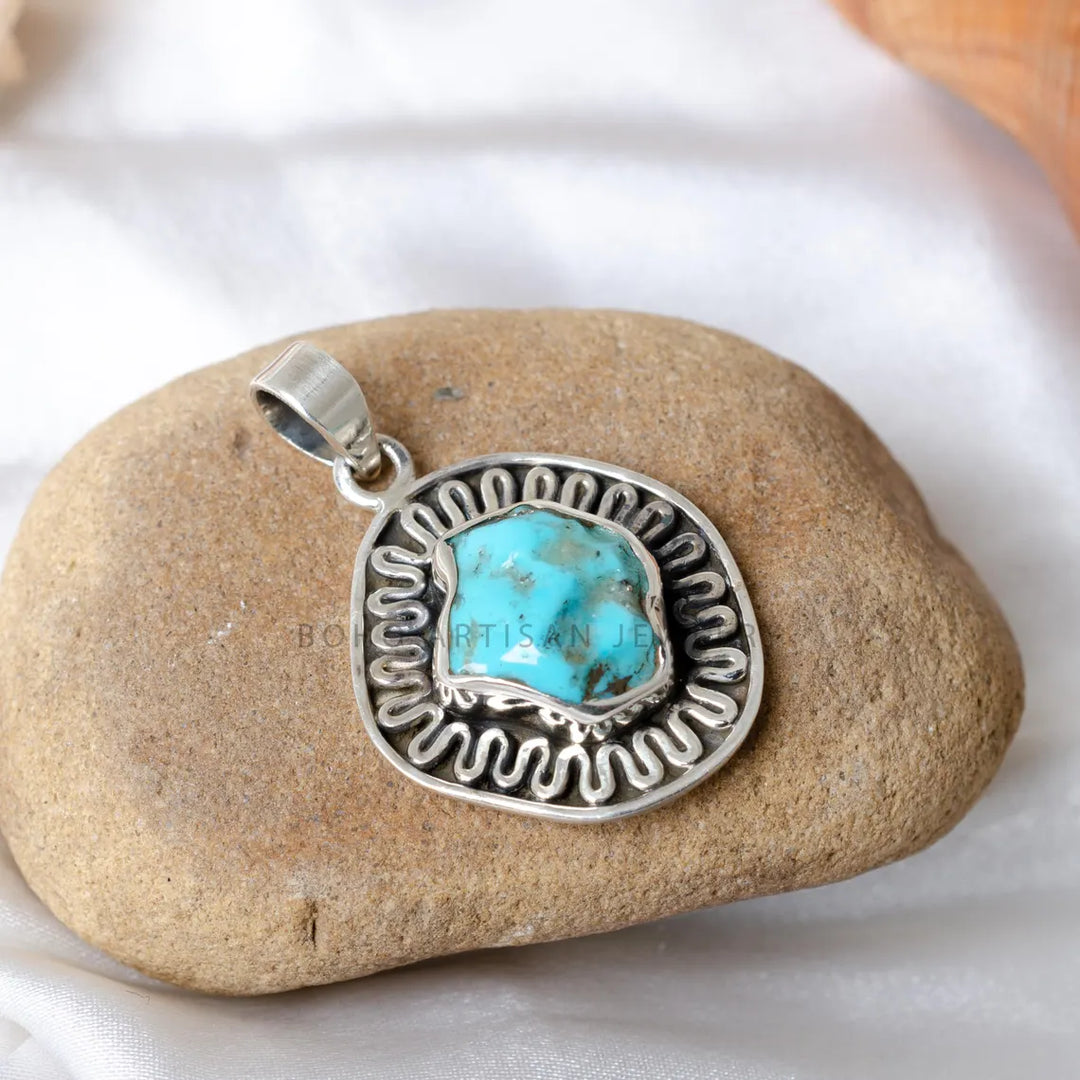 Oxidized Sterling Silver Turquoise Pendant: Raw Gemstone Boho Necklace