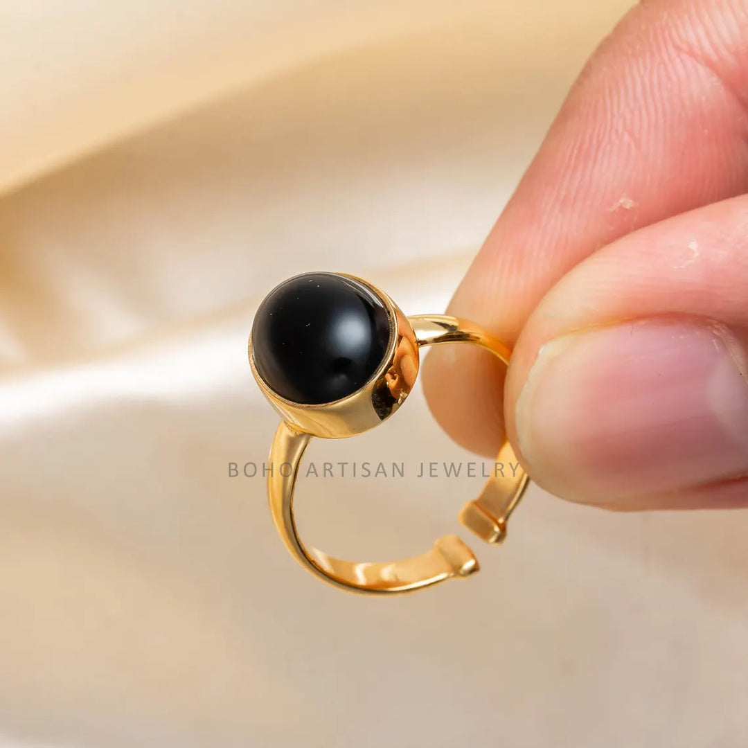 Black Obsidian Gold Ring, 14K Gold Adjustable Ring, Handmade Jewelry, Black Boho Ring, December Birthstone, Protection Ring, Gift For Her