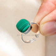 Adjustable Malachite Sterling Silver Ring: Boho Gemstone Jewelry