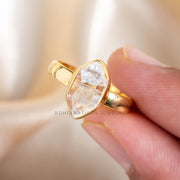 Herkimer Diamond Ring: Raw Crystal 925 Sterling Silver, Gold Plated