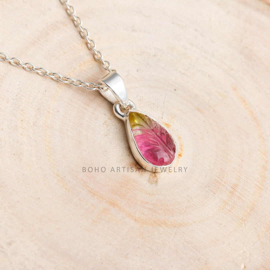 Watermelon Tourmaline Leaf Pendant: Sterling Silver Boho Necklace