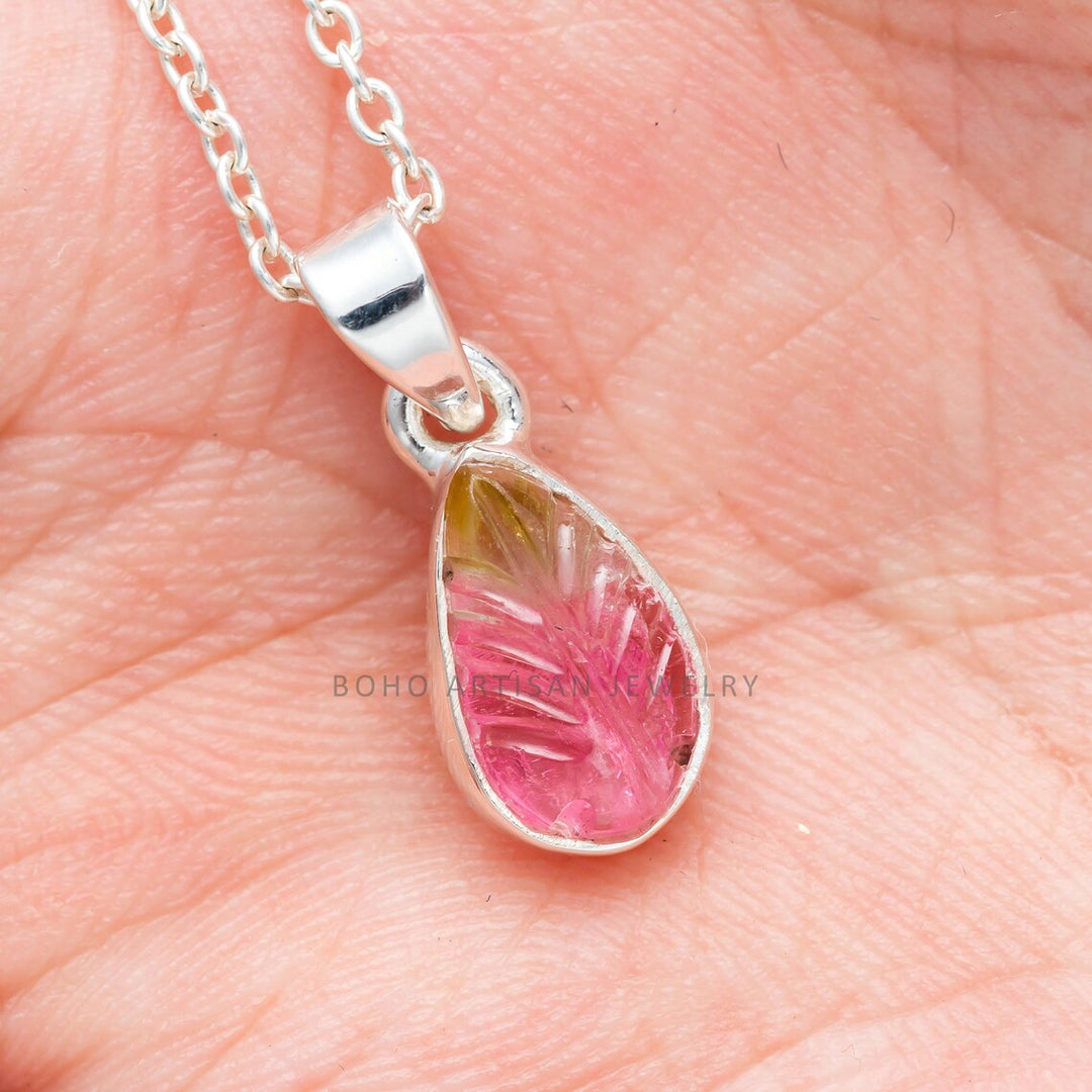 Watermelon Tourmaline Leaf Pendant: Sterling Silver Boho Necklace