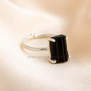 Black Tourmaline Ring: Raw Stone Adjustable Sterling Silver Boho Jewelry