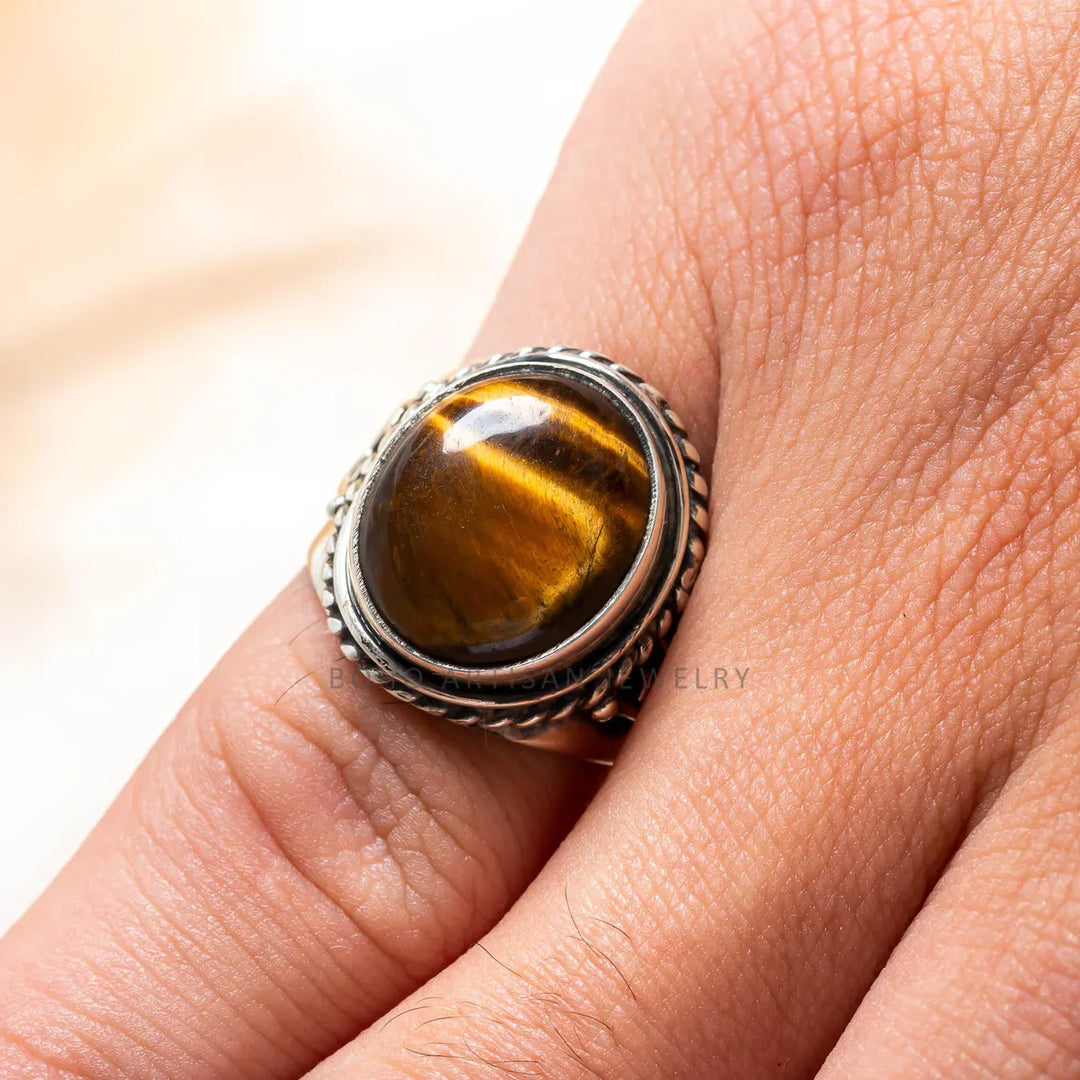 Tiger Eye Sterling Silver Ring: Adjustable Boho Statement Jewelry