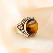 Tiger Eye Sterling Silver Ring: Adjustable Boho Statement Jewelry