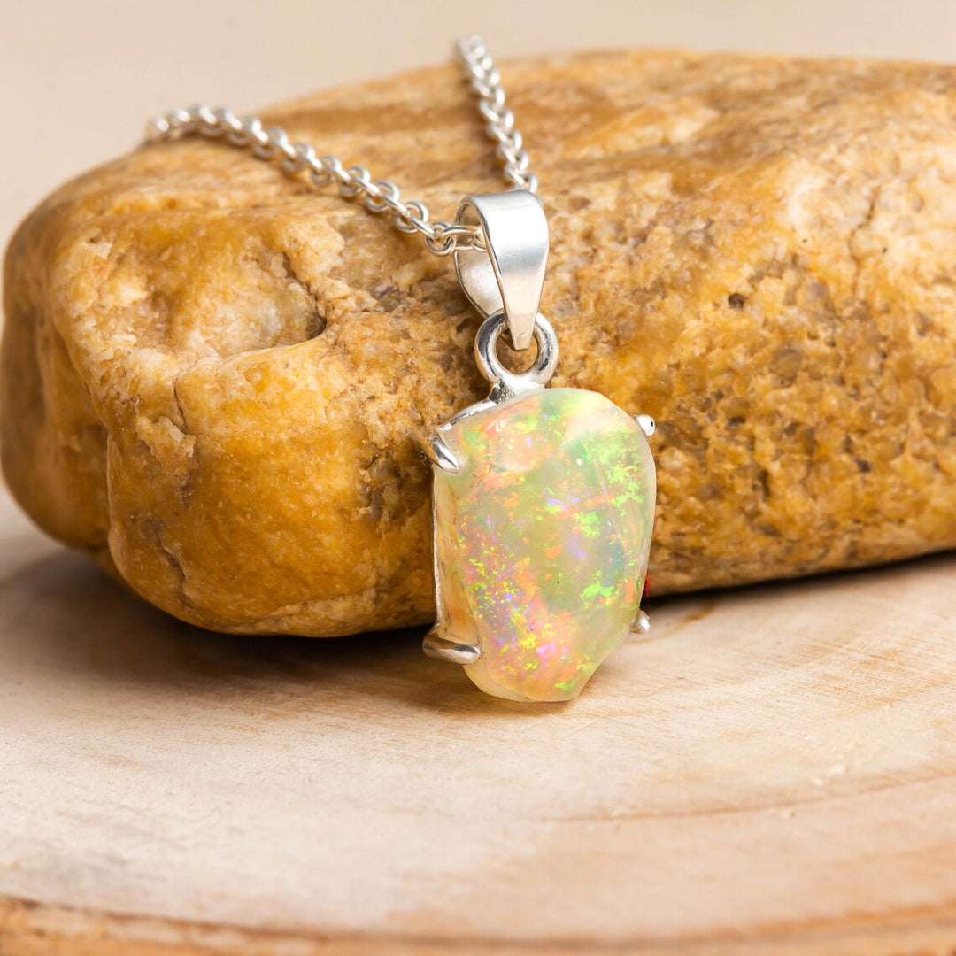 Polished Ethiopian Opal Pendant: Sterling Silver Necklace, October Birthstone