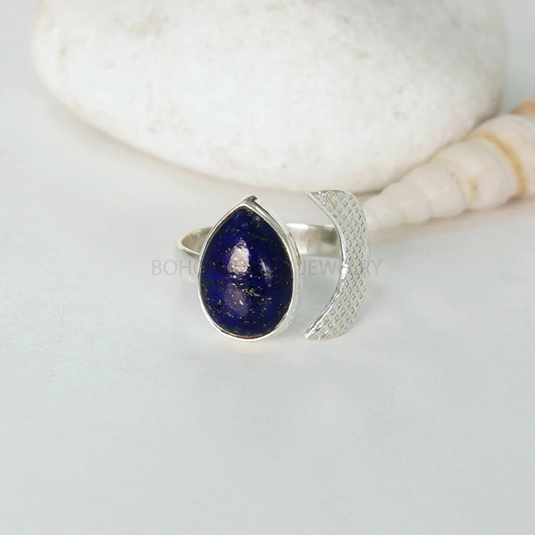 Raw Lapis Lazuli Ring: 925 Sterling Silver, Adjustable Boho Jewelry