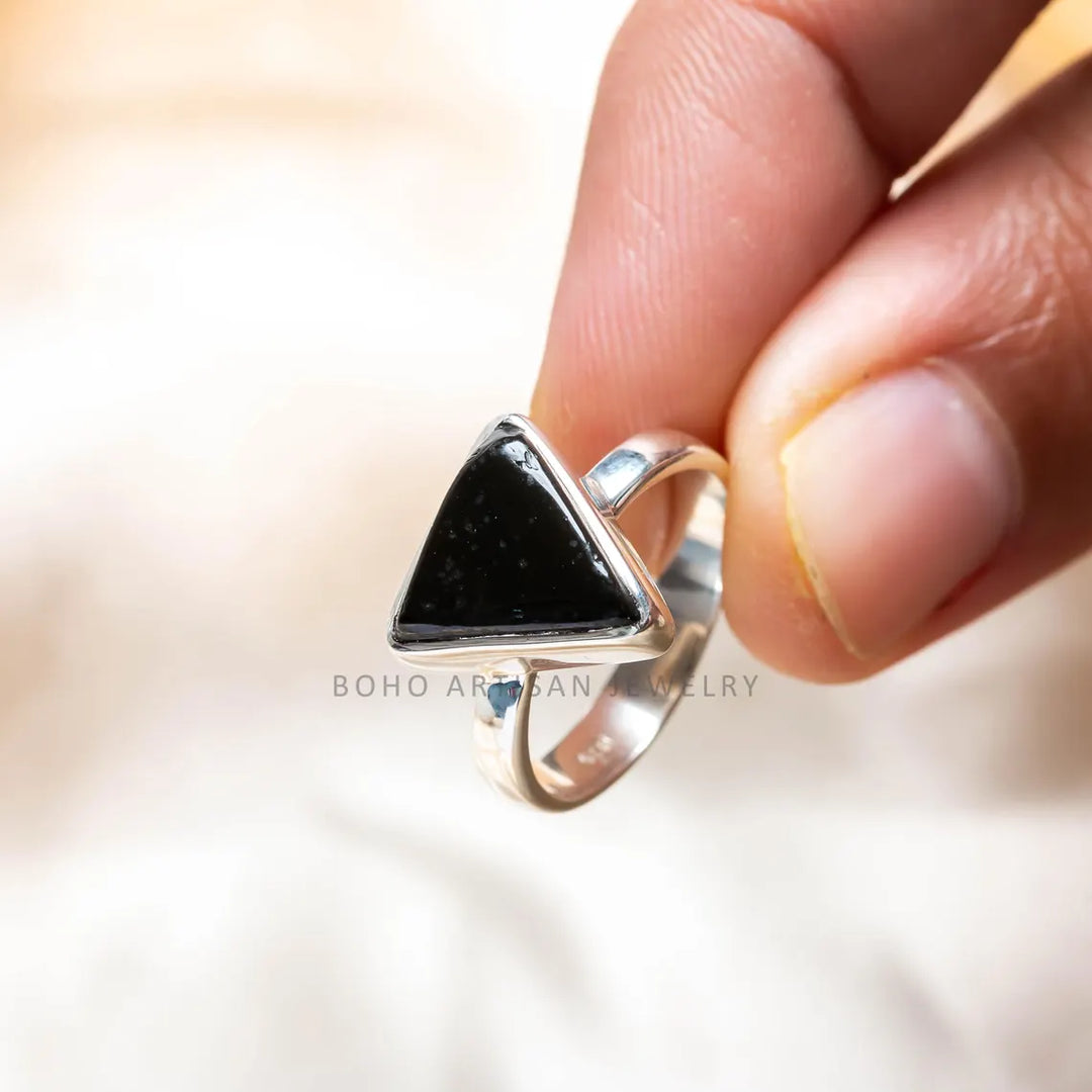Triangle Black Agate Ring: Handmade 925 Sterling Silver Boho Jewelry