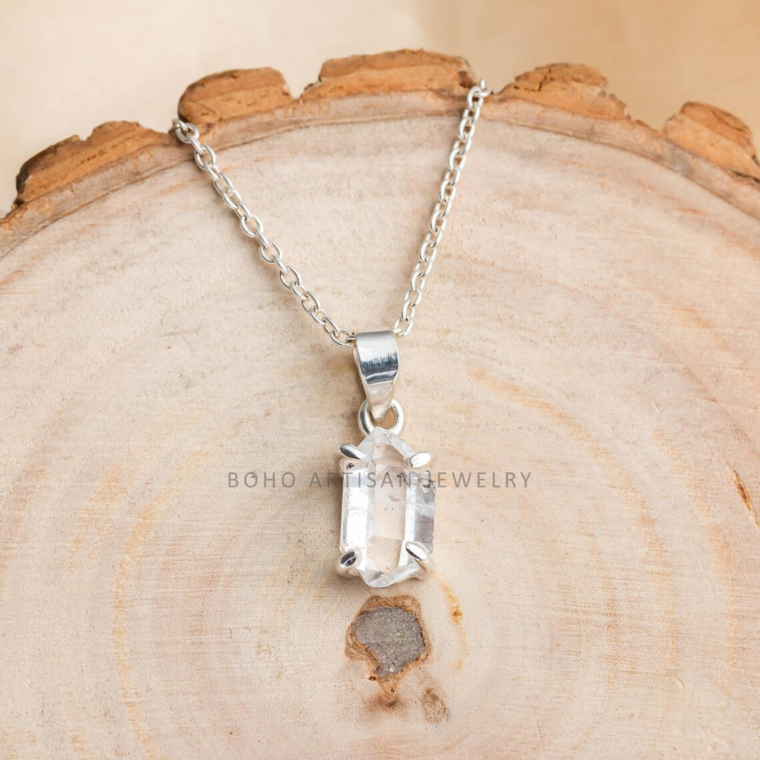 Herkimer Diamond Pendant, 925 Sterling Silver, Raw Herkimer Uncut Diamond Necklace, Handmade Jewelry, April Birthstone, Gift for Her