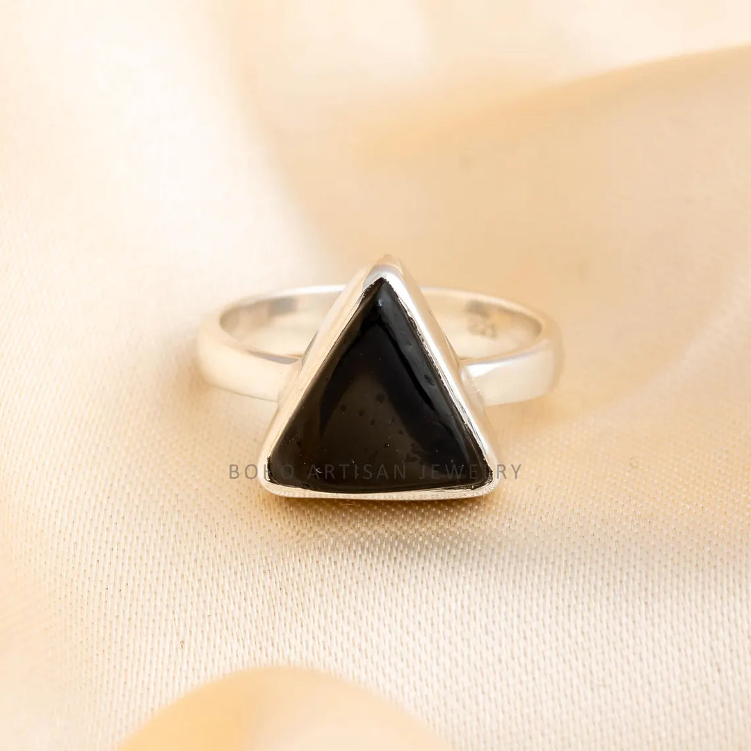 Triangle Black Agate Ring: Handmade 925 Sterling Silver Boho Jewelry