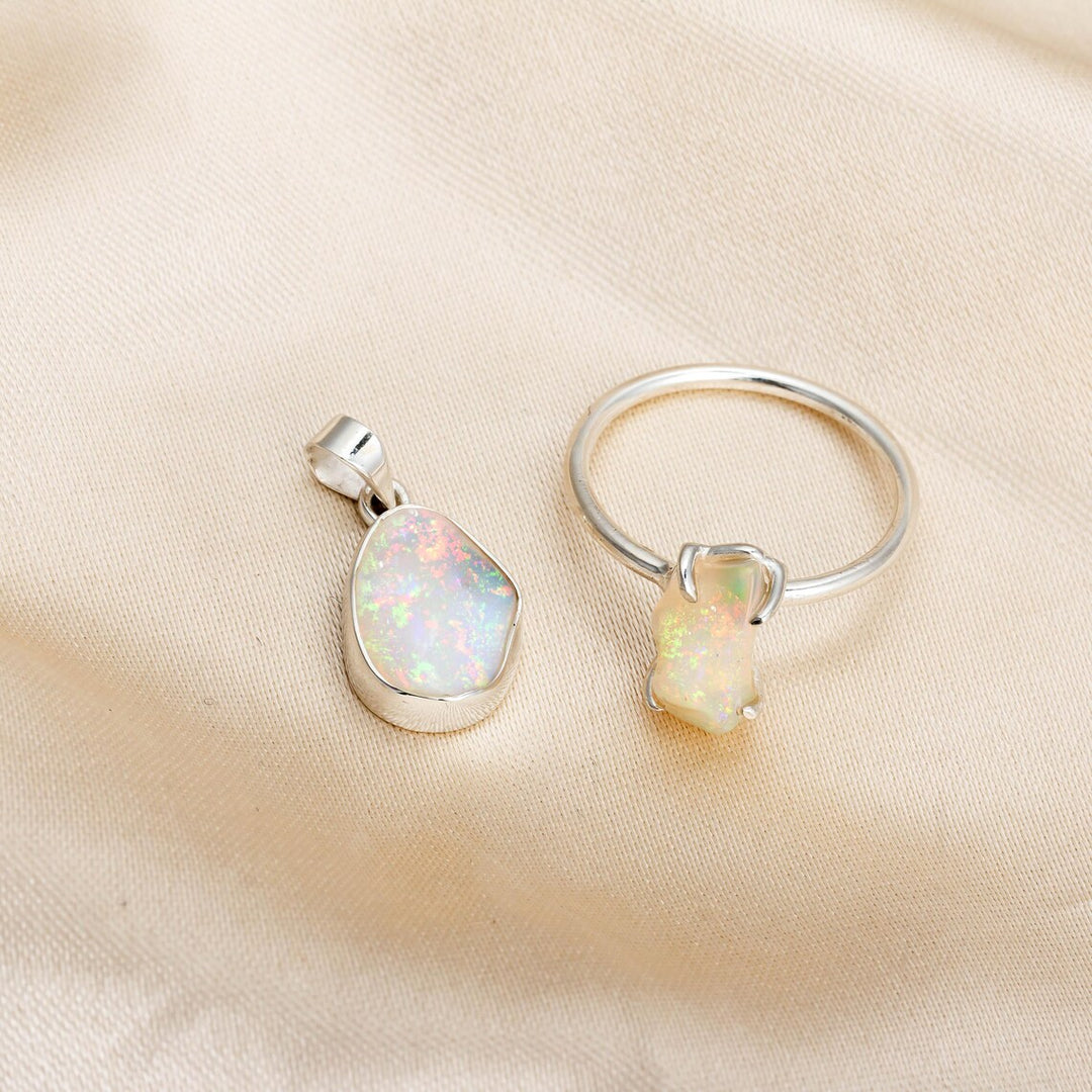 Opal Jewelry Set, Ethiopian Opal Pendant, Fire Opal Ring, Handmade Silver Jewelry, Healing Crystal, October Birthstone Jewelry, Gift For Her