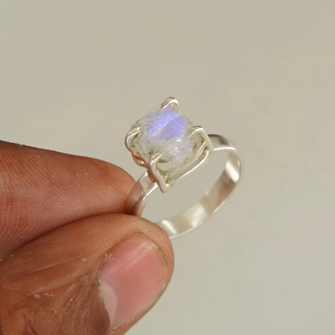 Raw Rainbow Moonstone Ring, Silver Handmade Jewelry, Blue Fire Moonstone, Boho Ring, Rough Stone Jewelry, July Birthstone, Gift For Women