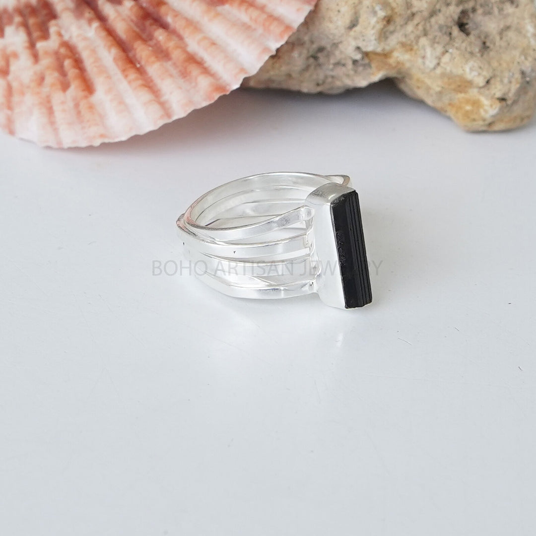 Raw Black Tourmaline Ring: Sterling Silver Boho Jewelry
