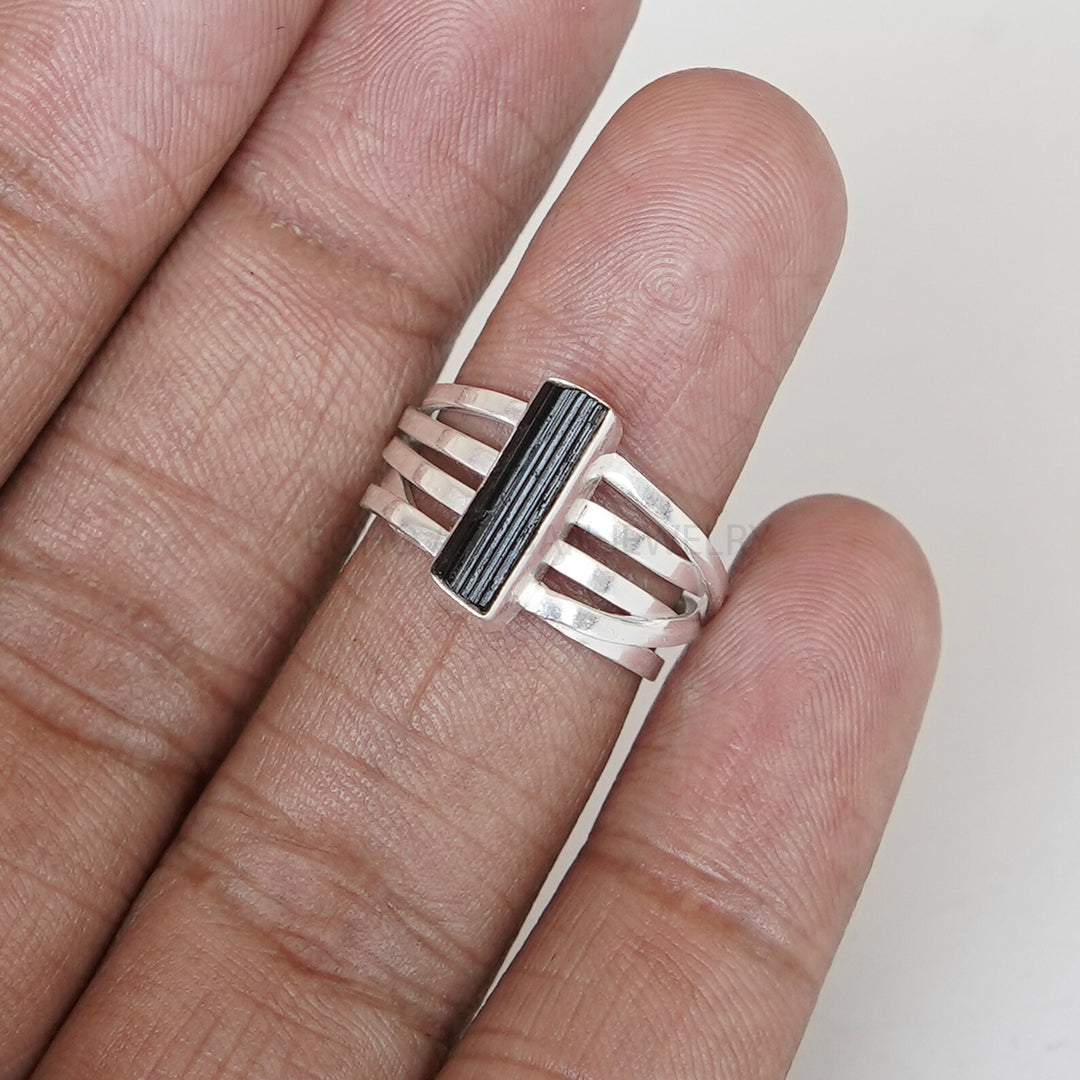 Raw Black Tourmaline Ring: Sterling Silver Boho Jewelry