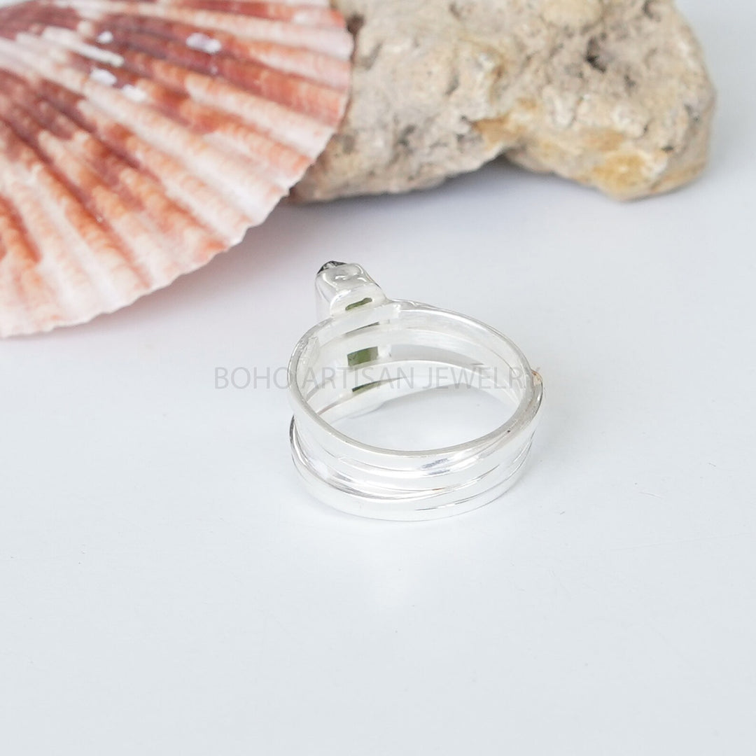 Raw Green Tourmaline Ring: 925 Sterling Silver, Adjustable Boho Ring