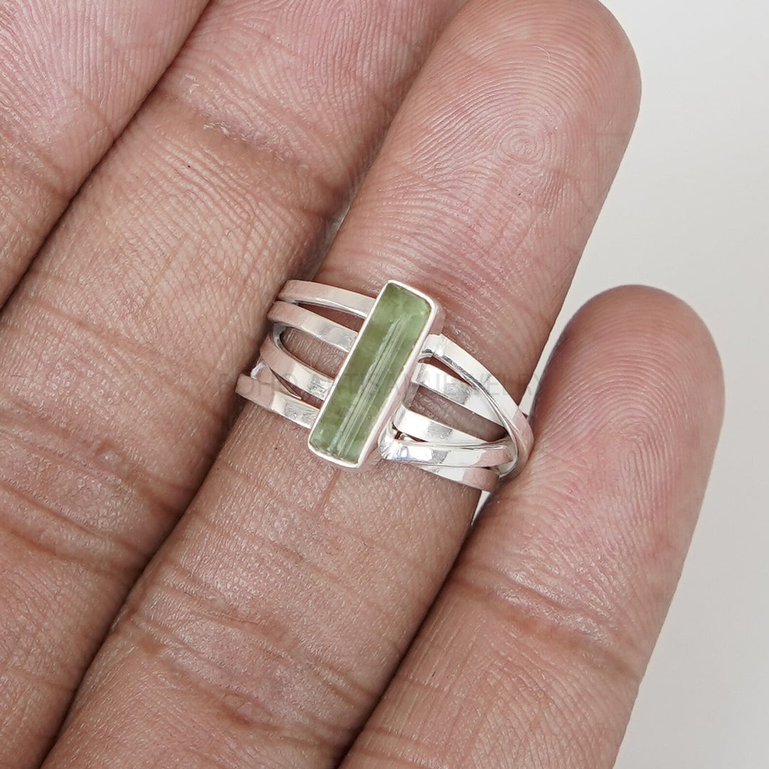 Raw Green Tourmaline Ring: 925 Sterling Silver, Adjustable Boho Ring