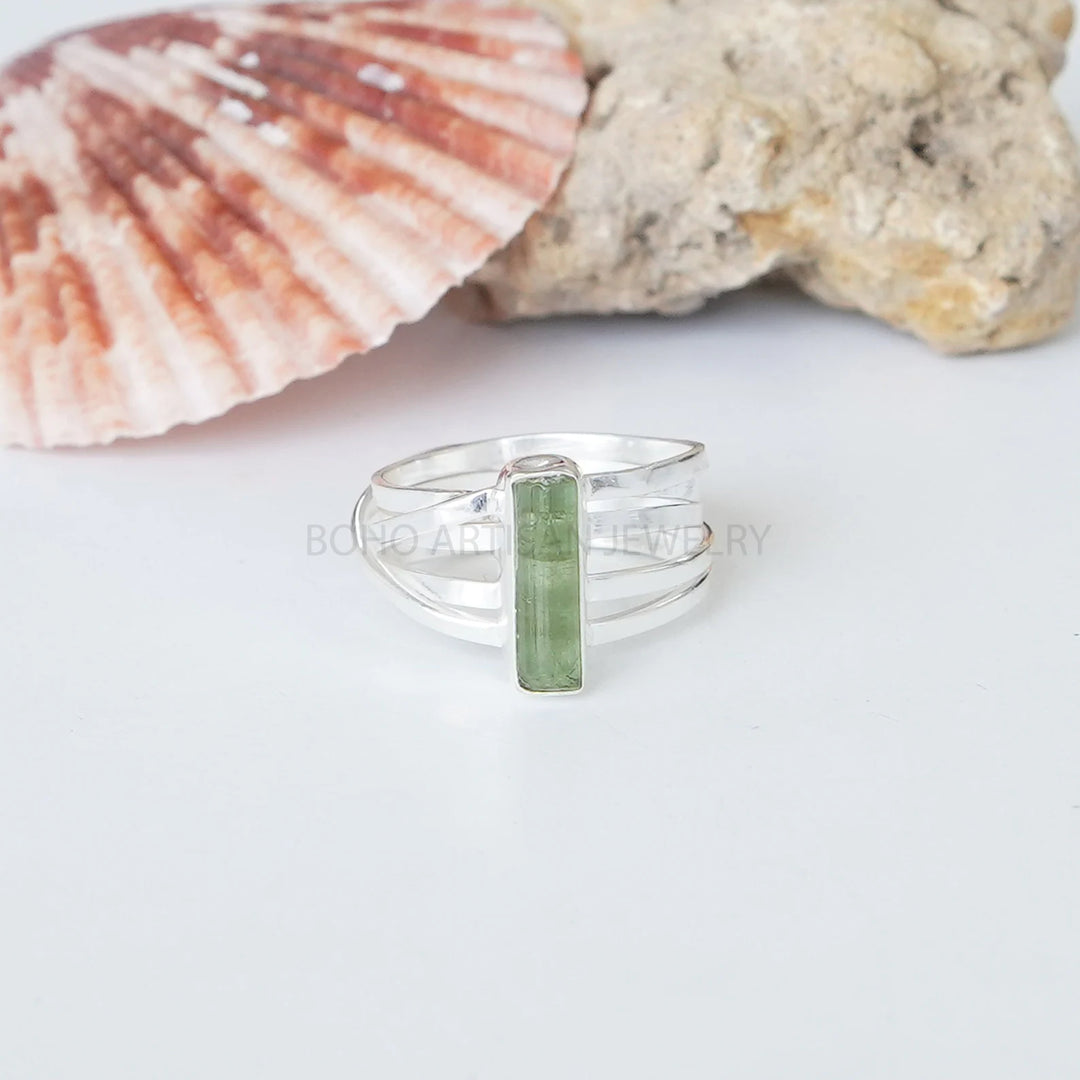 Raw Green Tourmaline Ring: 925 Sterling Silver, Adjustable Boho Ring