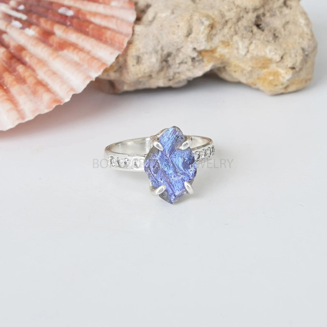Raw Labradorite Ring: Sterling Silver Boho CZ Ring
