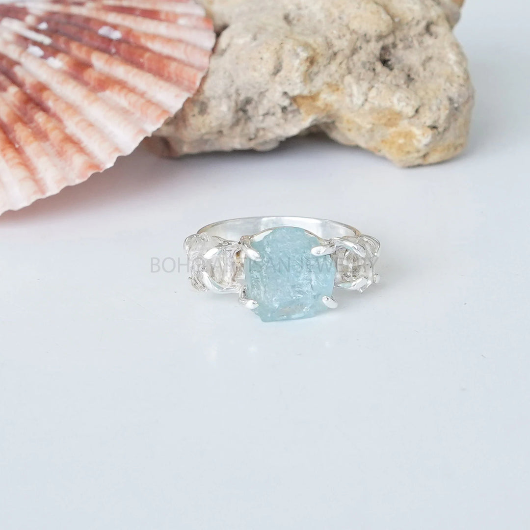 Raw Aquamarine Herkimer Diamond Ring: Sterling Silver Boho Jewelry