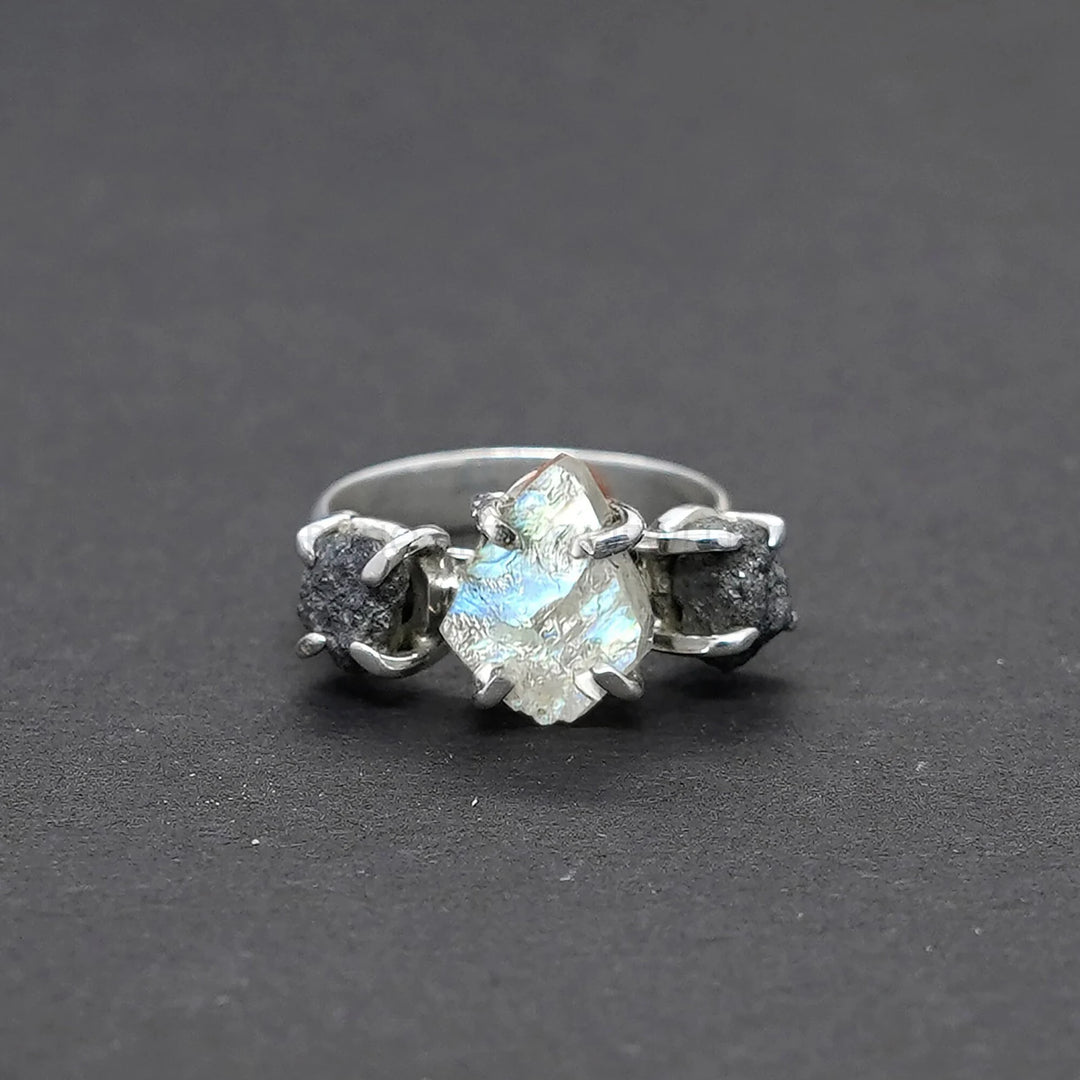 Raw Moonstone Diamond Ring: Handmade 925 Sterling Silver Boho Ring
