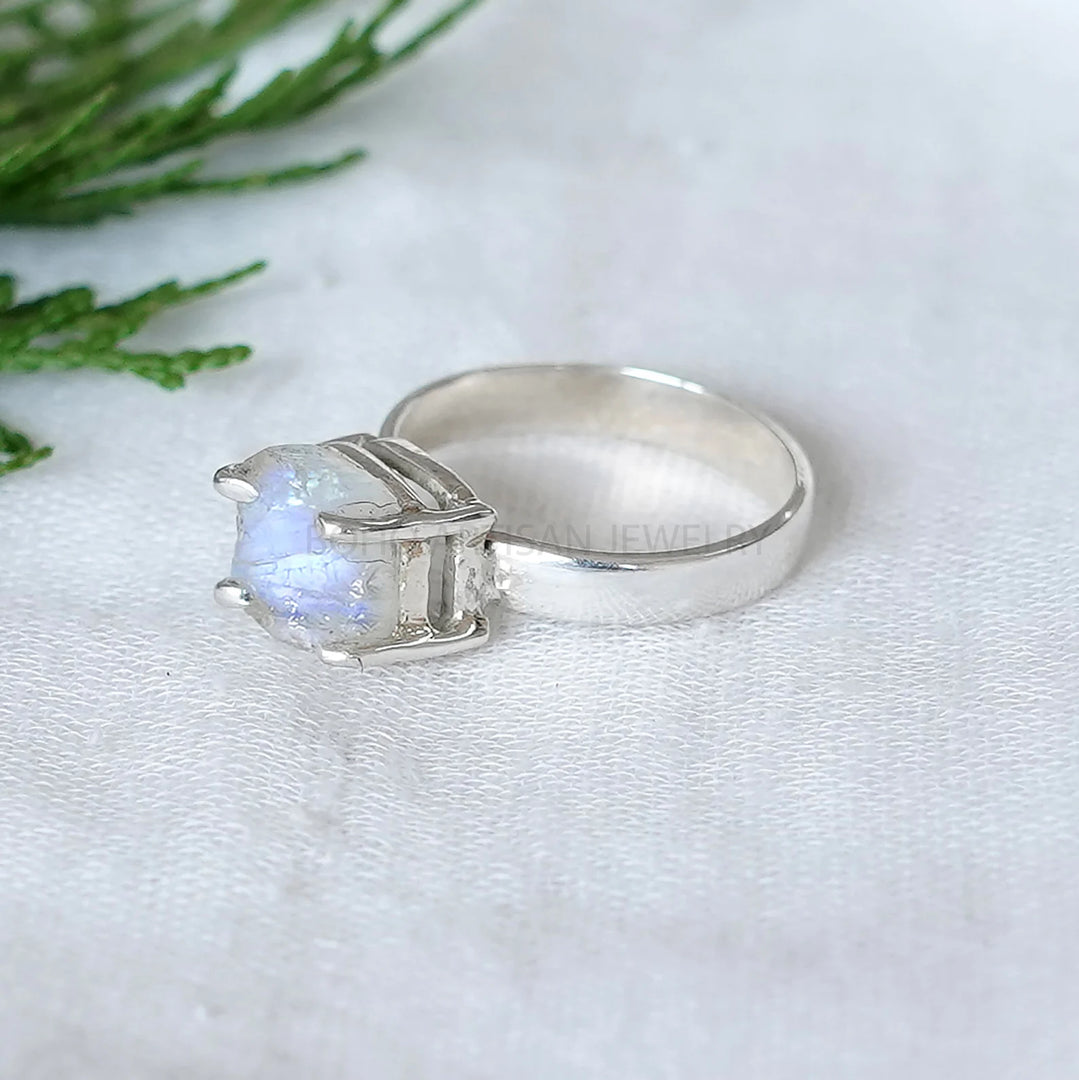 Raw Rainbow Moonstone Ring, Silver Handmade Jewelry, Blue Fire Moonstone, Boho Ring, Rough Stone Jewelry, July Birthstone, Gift For Women