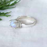 Raw Rainbow Moonstone Ring, Silver Handmade Jewelry, Blue Fire Moonstone, Boho Ring, Rough Stone Jewelry, July Birthstone, Gift For Women