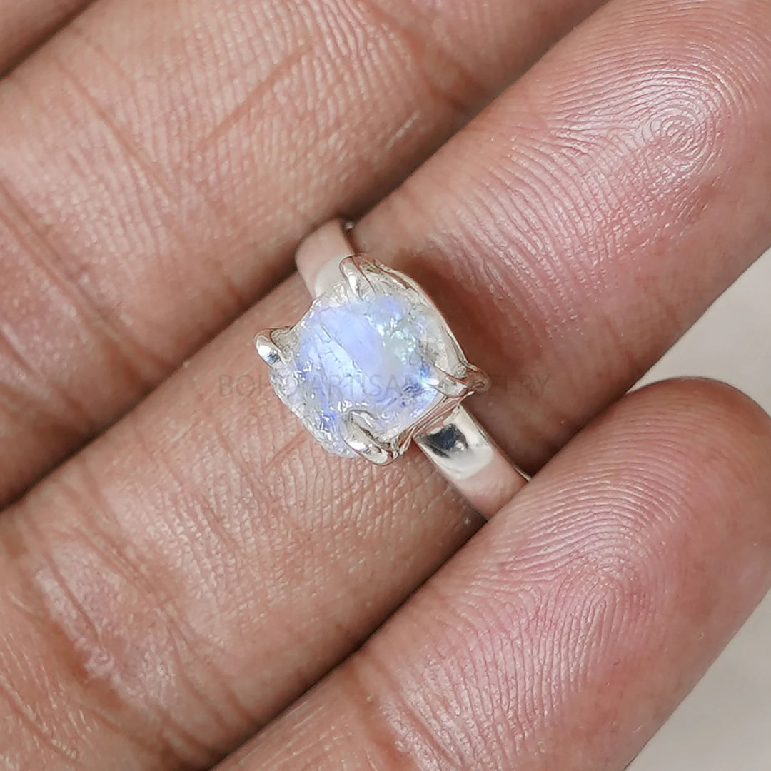 Raw Rainbow Moonstone Ring, Silver Handmade Jewelry, Blue Fire Moonstone, Boho Ring, Rough Stone Jewelry, July Birthstone, Gift For Women