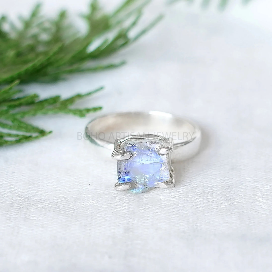 Raw Rainbow Moonstone Ring, Silver Handmade Jewelry, Blue Fire Moonstone, Boho Ring, Rough Stone Jewelry, July Birthstone, Gift For Women