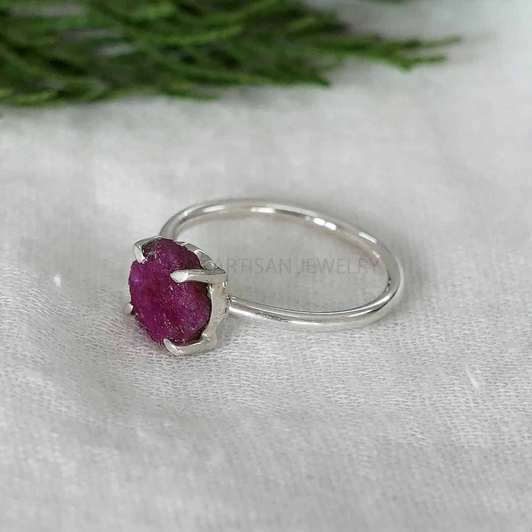 Raw Ruby Ring: Sterling Silver Hexagon, Boho Crystal Jewelry
