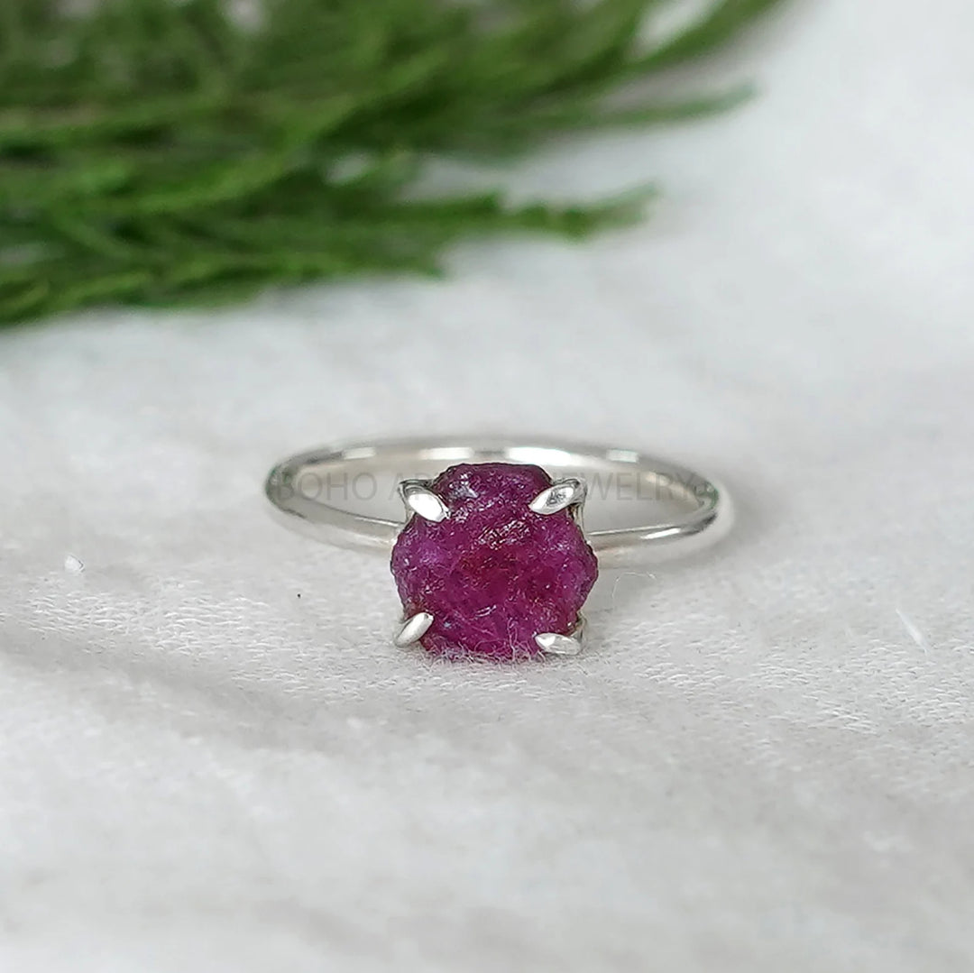 Raw Ruby Ring: Sterling Silver Hexagon, Boho Crystal Jewelry