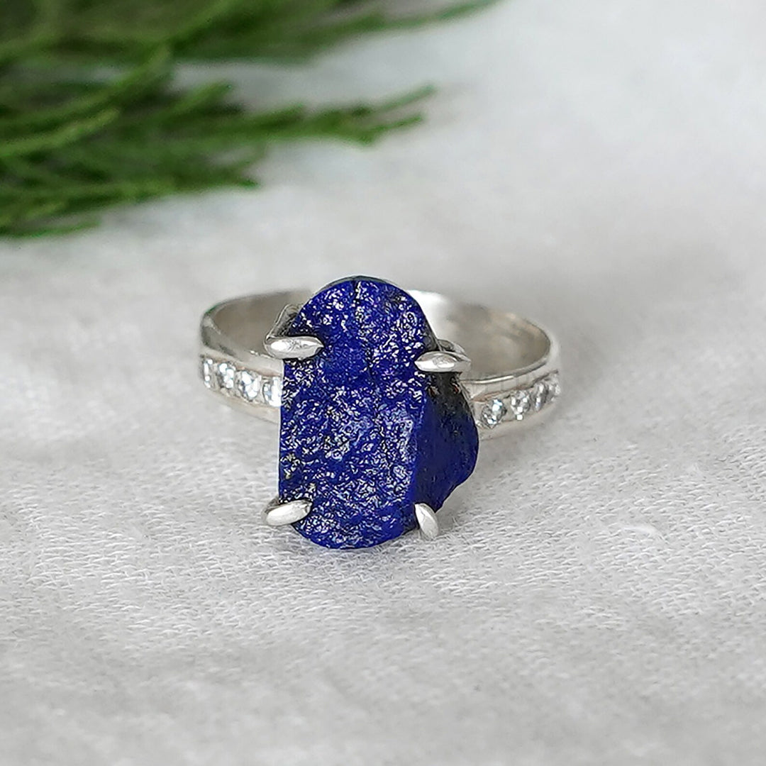 Buy Raw Lapis Lazuli Ring: Sterling Silver Boho Ring with CZ Accents